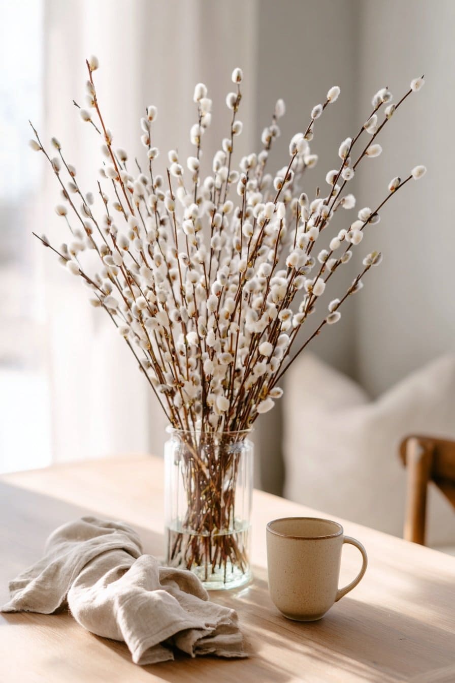 Zweige mit flauschigen Kätzchen in einer Glasvase auf einem hellen Holztisch