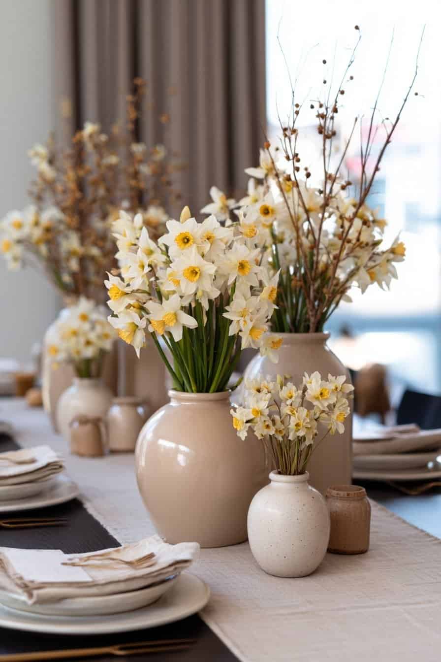 Mehrere Vasen mit Narzissen als Tischdeko im Winter
